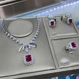 Lianfudai Red Corundum Jewelry Set Diamond Explosion Flash Hot New Luxury Pendant Necklace Female Earrings Set