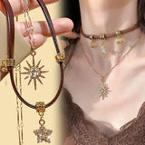 Lianfudai Vintage Bohemia Sun Star Zircon Necklace for Women Leather Necklace Double Layered Star Pendant Chain Choker Fashion Jewelry