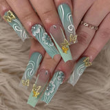 Lianfudai      24Pcs Long Ballet False Nails Green Gradient Curve Flower Design Press on Nails with Golden Butterfly Rhinestone Fake Nails