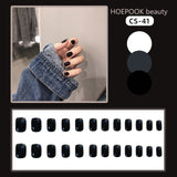 Lianfudai 24pcs Black Short Round Coffin Fake Nails With Glue Seamless Removable Wearing False Nails Full Cover Acrylic Press On Nails Set