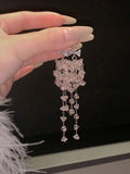 Lianfudai New Bow Knot Pink Crystal Tassel Earrings Women Sweet Gentle Temperament Exquisite Personality Light Luxury Earring Party Gift