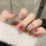 Lianfudai 24pcs French Point Diamond Fake Nails Wearing Artificial Square Head Press On Acrylic Nail Art Pearl Patch Almond False Nails