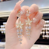 Lianfudai Luxury Crystal Flower Tassel Drop Earrings for Women Shiny Zircon Opal Long Dangle Earrings Girls Party Wedding Jewelry Gift