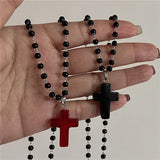 Lianfudai Gothic Vintage Red Glass Cross Pendant Black Bead Rope Chain Necklace For Women Men Y2K Aesthetic EMO Grunge Jewelry Accessories