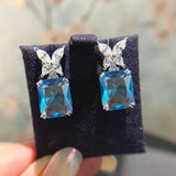 Lianfudai Exquisite Flower Square Blue Cubic Zircon Drop Earring for Women Novel Charms Piercing Accessories Wedding Party Jewelry