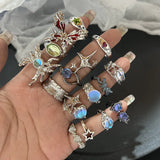 Lianfudai Y2K Crystal Rings Kpop Heart Adjustable Ring Irregular Geometry Punk Vintage Rings Set for Women Girls New Fashion Jewelry