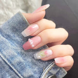 Lianfudai 24pcs French Point Diamond Fake Nails Wearing Artificial Square Head Press On Acrylic Nail Art Pearl Patch Almond False Nails