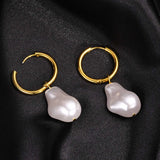 Lianfudai Pearl Earrings, Simulated Pearl Huggie Hoop Earrings, Chunky Irregular Statement Pearl Earrings for Men Women