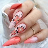 Lianfudai      24Pcs Yellow Gradual Retro Flower Design Fake Nails Round Head False Nails Wearable Almond Press on Nails Full Cover Nail Tips