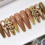 Lianfudai 24Pcs Long Coffin False Nails with Glue Wearable Brown Fake Nails with   Rhinestones Ballet Press on Nails Full Cover Nail Tips