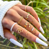 Lianfudai New Tide Individuality Retro Geometric Hollowing Inlay Gem Rings SetLiquid State Metal Four-Piece Rings Set Paty Jewelry