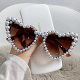 Lianfudai Fashion Retro Heart-Shaped Imitation Pearl Frame Sunglasses UV400 Women Cat Eye  Eyewear Trendy Beach Party  Sun Glasses