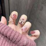 Lianfudai 24pcs Square Round False Nails Red Bean Paste Smudged Fake Nails Design Art Full Coverage Waterproof Wearable Press on Nail