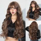 Lianfudai Orange Blonde Ombre Long Wavy Synthetic Wigs with Bangs Party Cosplay Wig for Women Natural Fake Hair Heat Resistant