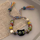 Lianfudai 2PCS Tassels Big Eye Cat Bracelets for Women Men Sweet Cool Skull Ceramic Beaded Bracelet Aesthetic Party Jewelry Accessories