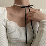 Lianfudai 2024 Accessories Fashion Imitation pearl  Beaded Clavicle Chain Long Ribbon Bow-knot Choker Short Neck jewelry