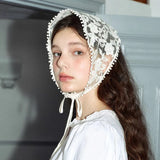 Lianfudai White Woven Floral Lace Hair Scarf Wraps Women Retro Triangle Headscarf Hat Travel Photo Headband Hair Accessories