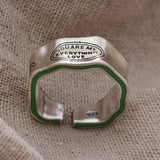 Lianfudai New 2024 Elegant Monogram Engraved Green Stripe Design Vintage Thai Silver Color Women's Finger Ring Party Jewellery Gift