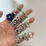 Lianfudai Vintage Silver Plated Cross Ring set for Women Gothic Punk Steampunk Butterfly Ring Sets Party Fashion Jewelr