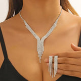 Lianfudai Luxury Geometric Rhinestone Necklace Earrings For Women Long Tassel Jewelry Sets Ladies Weddings Banquet Accessory