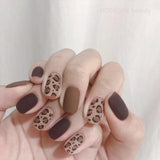 Lianfudai 24pcs Brown Leopard Finished Scrub Fake Nails Art Reusable Full Cover Artificial Press On False Nails Women Nail Art Decoration