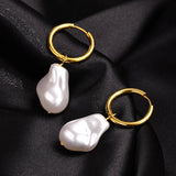 Lianfudai Pearl Earrings, Simulated Pearl Huggie Hoop Earrings, Chunky Irregular Statement Pearl Earrings for Men Women