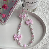 Lianfudai Korean Fashion Pink Bowknot Phone Charm Imitation Pearl Beaded Chain for Phone Case Cute Mobile Straps Y2K Accessories Wholesale