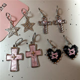 Lianfudai Goth Harajuku Vintage Aesthetic Pink Cross Crystal Star Heart Pendant Earring For Girl Y2K Grunge 2000s EMO Jewelry Accessories