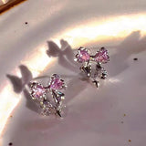 Lianfudai Y2K Bowknot Zircon Stud Earrings for Women Fashion Korean Silver Color Pink Crystal Personality Earring Girl Party Jewelry Gifts