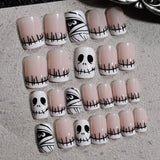 Lianfudai 24Pcs Halloween Little Ghost Press on Fake Nails Creative French Design Short Square False Nails Acrylic Nails Halloween Decorat