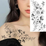 Lianfudai Sketch Flowers Sketch Tattoo Rose Blossoms Black and White Flowers Temporary Tattoos Sticker size: