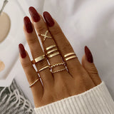 Lianfudai 6Pcs/Set Gold Color Smooth Geometric Open Rings Set For Women Exaggerated Metal Irregular Thick Chunky Ring Jewelry Gift