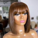 Lianfudai 180 Density Full Machine Wig Highlight Brown Colored Bone Straight Human Hair Bob Wigs QVR Human Hair With Bangs For Women