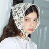 Lianfudai White Woven Floral Lace Hair Scarf Wraps Women Retro Triangle Headscarf Hat Travel Photo Headband Hair Accessories