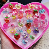 Lianfudai 10pcs/Lot Cute Children's Cartoon Rings Glitter Flower Fruit Shape Plastic Adjustable Open Rings For Kids Girls Birthday Gift