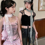 Lianfudai Women Narrow Long Scarf 140cm Solid Color Silk Black Bag Ribbon Headbands Choker Floral Lace Scarf Y2k Long Ribbon Scarf Shawl