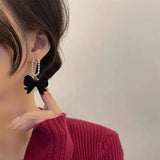 Lianfudai Red Black Bowknot Eardrop Silver Color Women Trendy Earrings Korean New Style Fashion Jewelry Daily Accessories