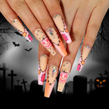 Lianfudai 24Pcs Halloween False Nails Long Ballet Fake Nails with Ghost Cobweb Design Pink French Coffin Full Cover Press on Nail Tips