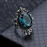 Lianfudai Carved Pattern Vintage Women Rings with Oval Blue CZ Stone Retro Female Rings for Party Chic Anniversary Gift New Jewelry