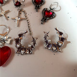 Lianfudai Vintage Gothic Y2K Red Crystal Glass Heart Bowknot Moon Star Pendant Earrings Women Charms Aesthetic Punk Jewelry Accessories