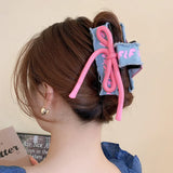 Lianfudai Oversize Y2k Denim Letter Bowknot  Plastic Ponytail Hair Clip Claw For Women Trendy Shark  Hairpin Hair Accessories Tool 2024