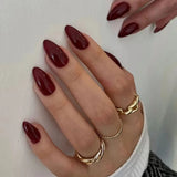 Lianfudai 24Pcs Simple Wine Red Fake Nail with Glue Mid-length Almond Press on False Nails Wearable Round Head Oval Full Cover Nail Tips