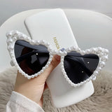 Lianfudai Fashion Retro Heart-Shaped Imitation Pearl Frame Sunglasses UV400 Women Cat Eye  Eyewear Trendy Beach Party  Sun Glasses