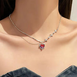 Lianfudai Double Layer Red Zircon Rose Pendant Necklaces Y2K Layered Flower Stone Chain Necklace Irregular Floral Aesthetic Jewelry Gifts