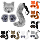 Lianfudai Fluffy Fur Fox Tail Keychain Cat Paws Gloves and Wolf Therian Mask Set for Halloween Cosplay Costume Accessories