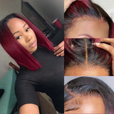 Lianfudai 1B/Burgundy Straight Bob Wig Ombre Red With Dark Roots 1B/99J Wig Free Part Straight Short Bob Wig Colored Wigs (Ombre 99J Wig) 