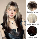 Lianfudai Ombre Synthetic Straight Cosplay Women Hair Platinum Blonde to Black Hair Long Layered Natural Wigs with Bangs for White Women