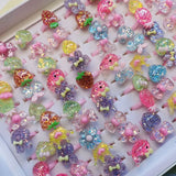 Lianfudai 10pcs/Lot Cute Children's Cartoon Rings Glitter Flower Fruit Shape Plastic Adjustable Open Rings For Kids Girls Birthday Gift