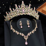 Lianfudai Luxury Silver Color Opal Water Drop Crown Bridal Jewelry Sets Rhinestone Tiaras and Necklace Earrings Wedding Dress Jewelry Set