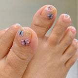 Lianfudai 24P Fake Toenails With Glue French Line Glitter False Toe Nails Art Detachable Press On Toenails Acrylic Butterfly ToeNails Tips